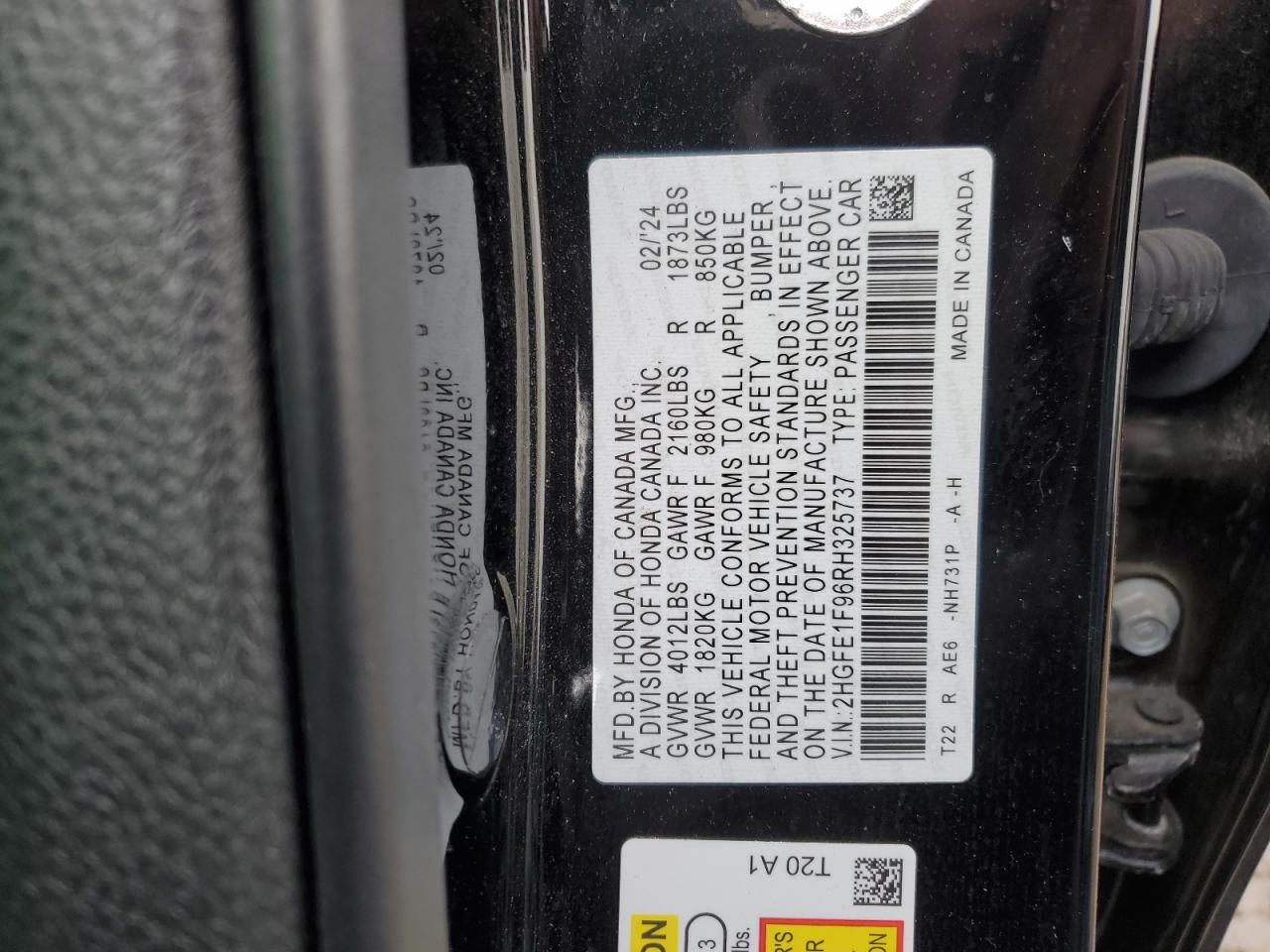 2024 HONDA CIVIC TOURING VIN:2HGFE1F96RH325737