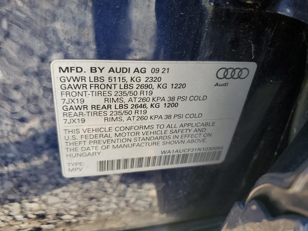 2022 AUDI Q3 PREMIUM 40 VIN:WA1AUCF31N1030664