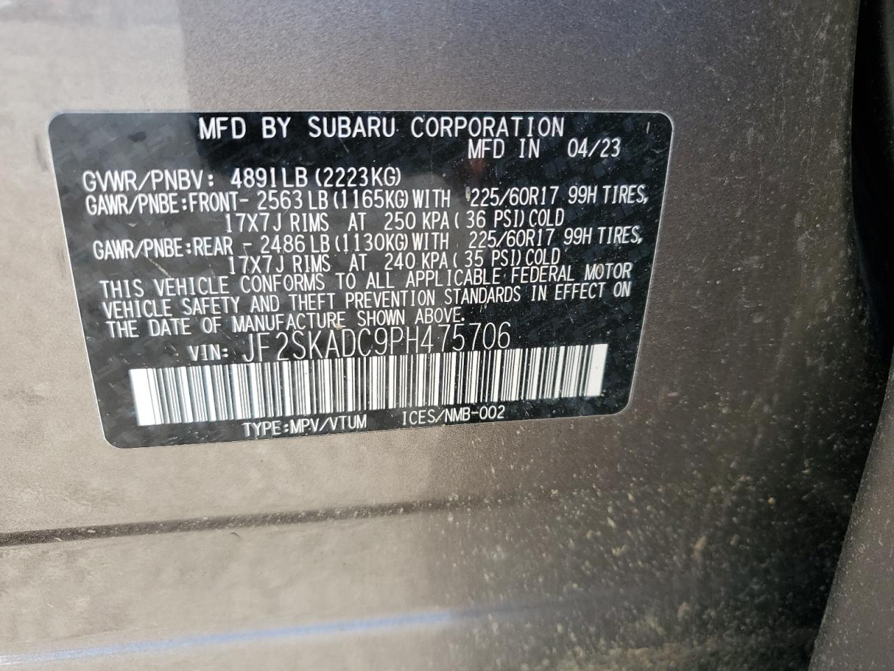 2023 SUBARU FORESTER PREMIUM VIN:JF2SKADC9PH475706