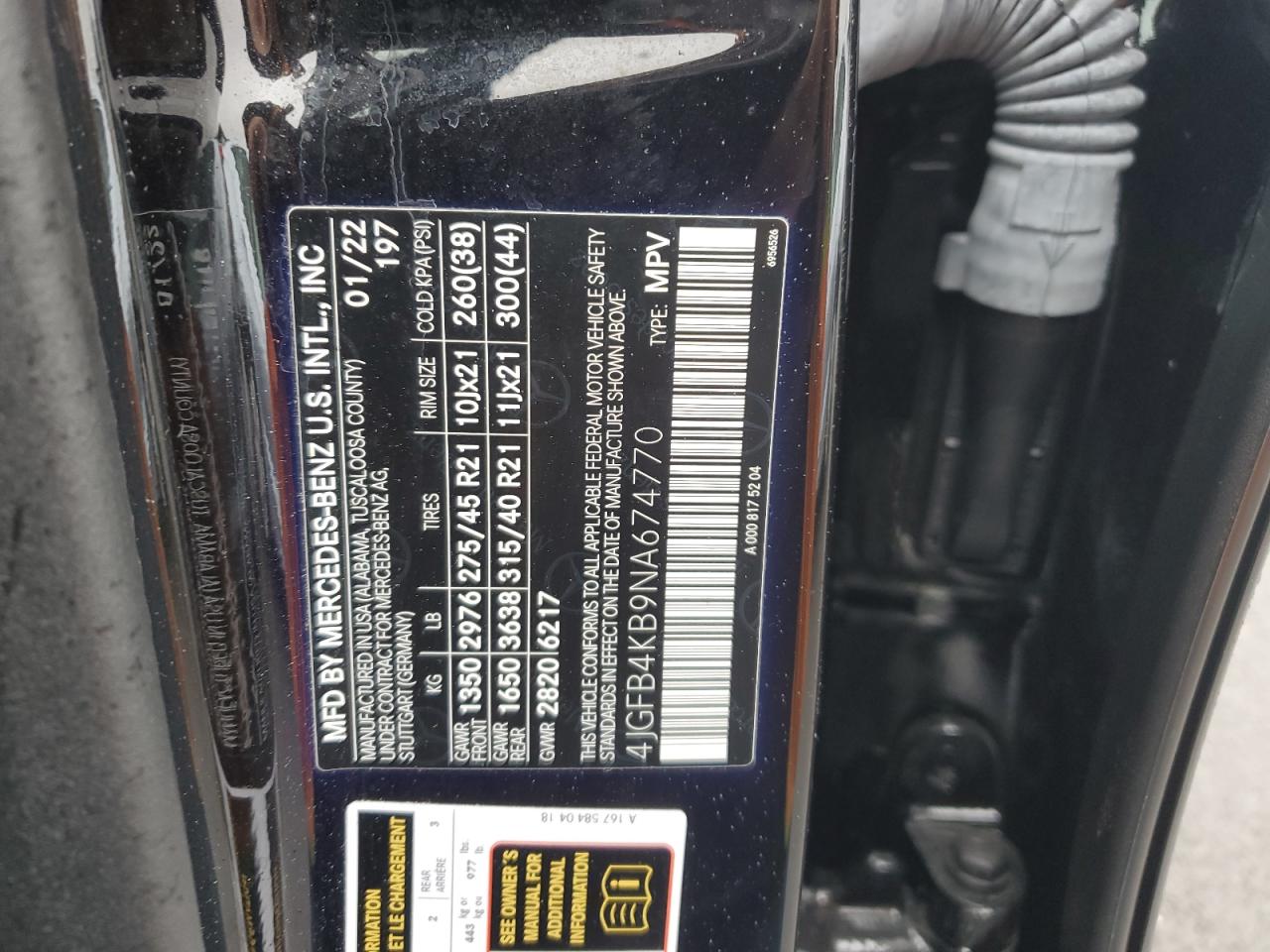 2022 MERCEDES-BENZ GLE 350 4MATIC VIN:4JGFB4KB9NA674770