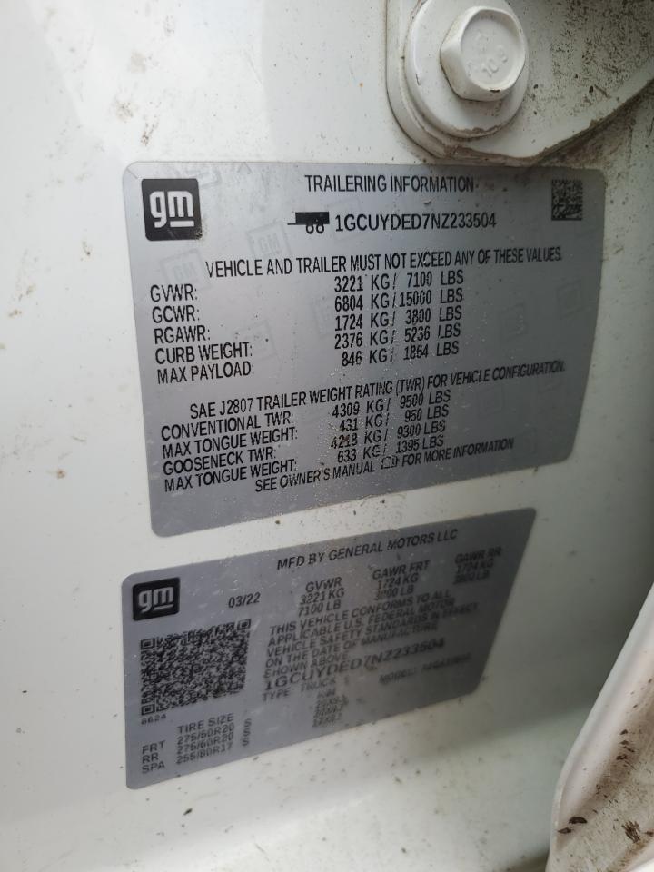 2022 CHEVROLET SILVERADO LTD K1500 LT VIN:1GCUYDED7NZ233504