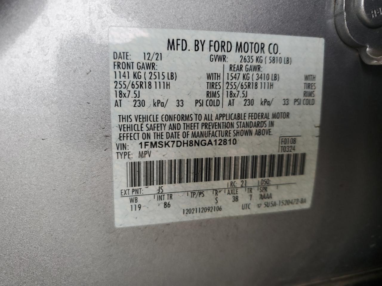 2022 FORD EXPLORER XLT VIN:1FMSK7DH8NGA12810