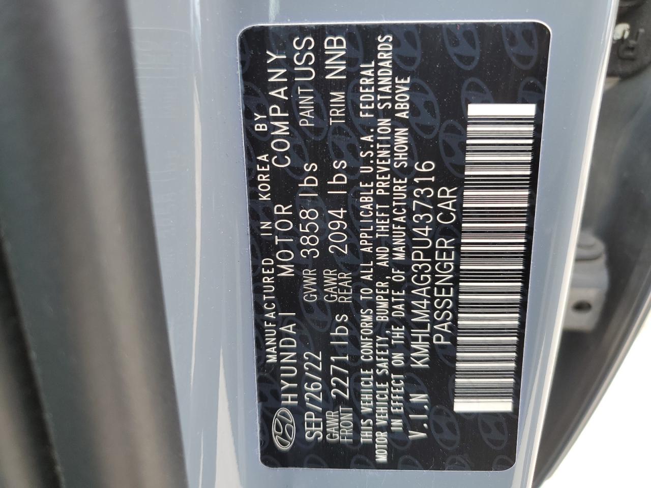 2023 HYUNDAI ELANTRA SEL VIN:KMHLM4AG3PU437316