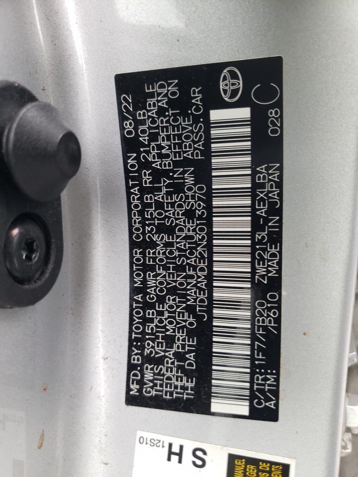 2022 TOYOTA COROLLA LE VIN:JTDEAMDE2N3013970