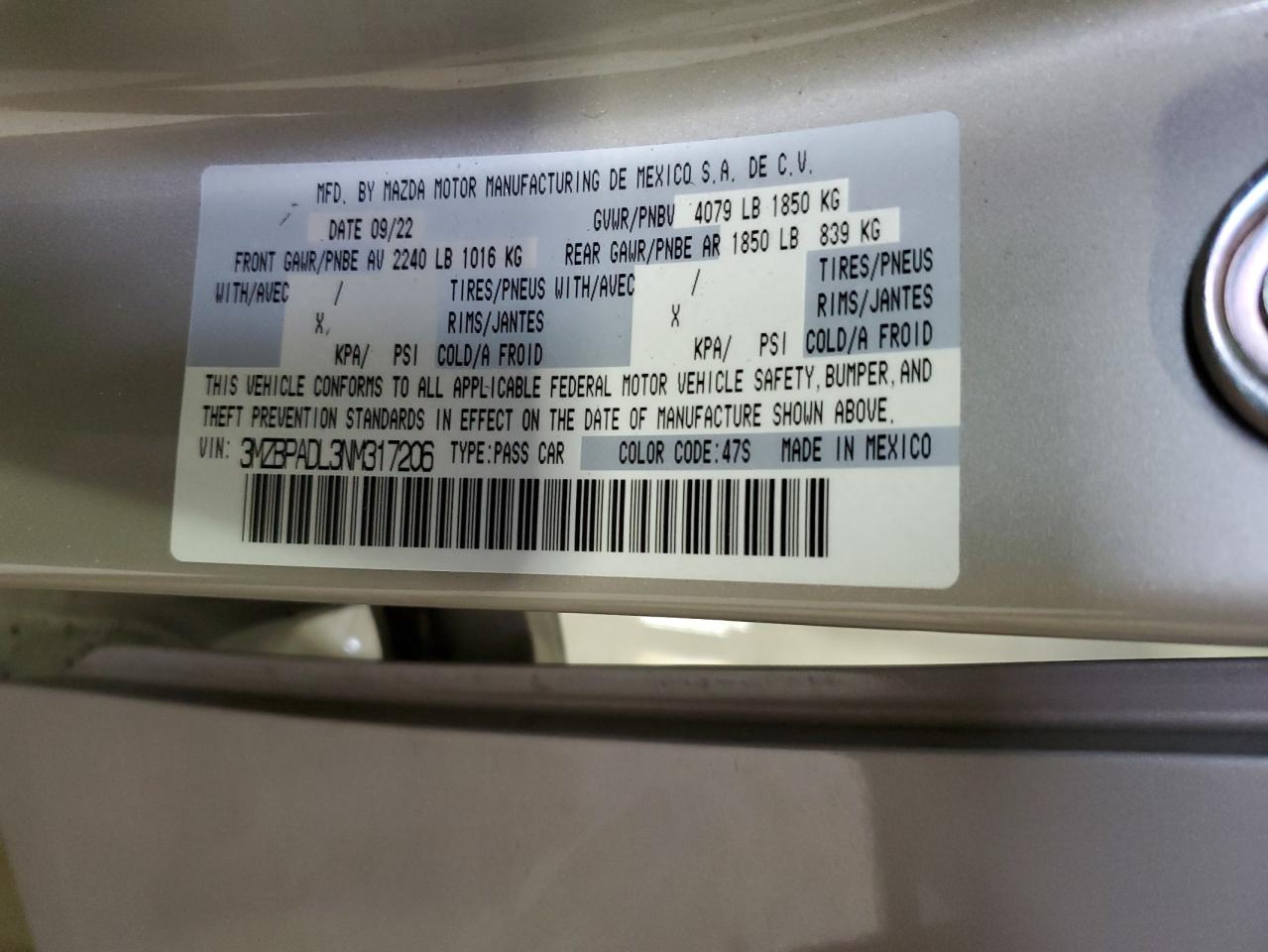 2022 MAZDA 3 PREMIUM VIN:3MZBPADL3NM317206