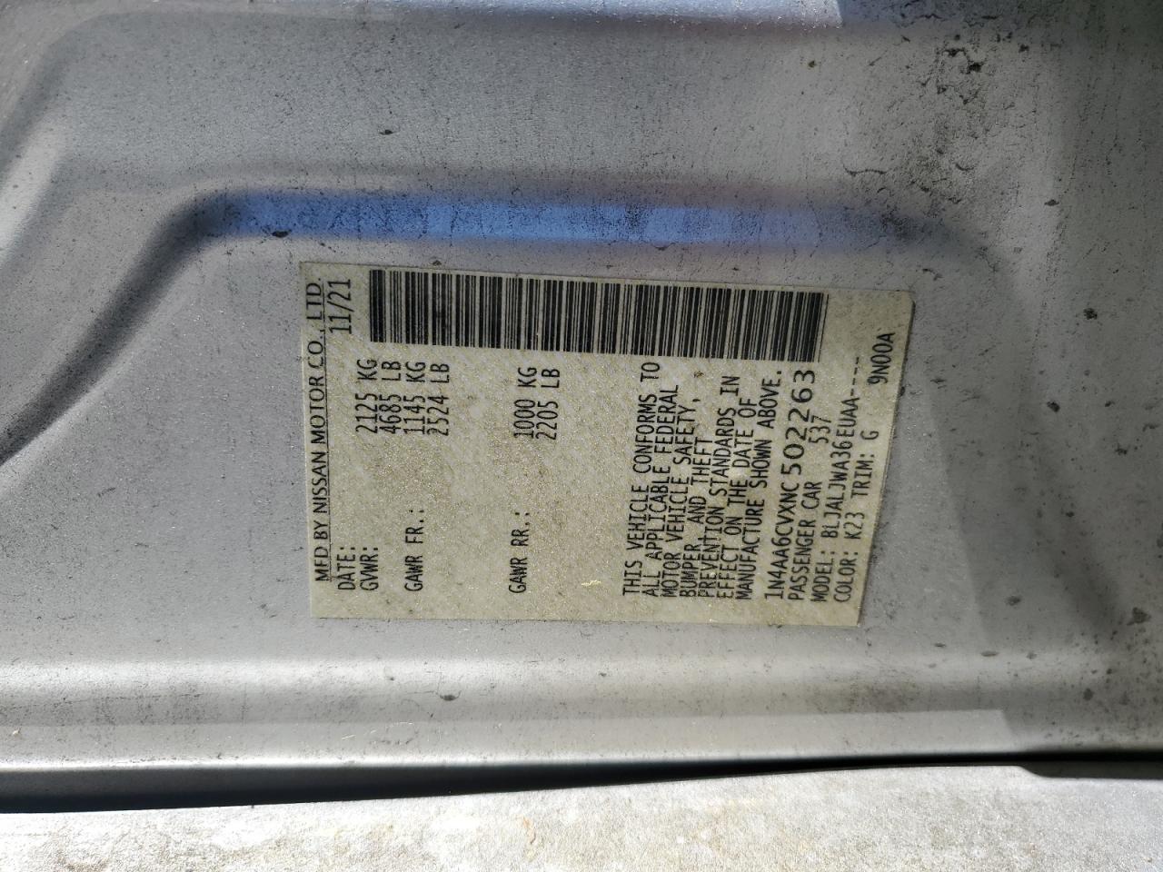 2022 NISSAN MAXIMA SV VIN:1N4AA6CVXNC502263