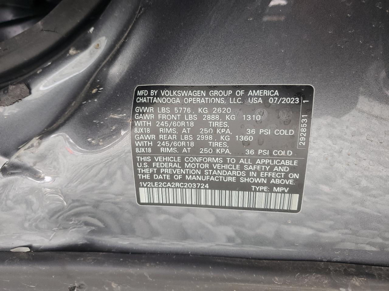 2024 VOLKSWAGEN ATLAS CROSS SPORT SE VIN:1V2LE2CA2RC203724