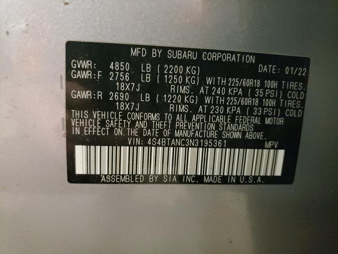 2022 SUBARU OUTBACK LIMITED VIN:4S4BTANC3N3195361