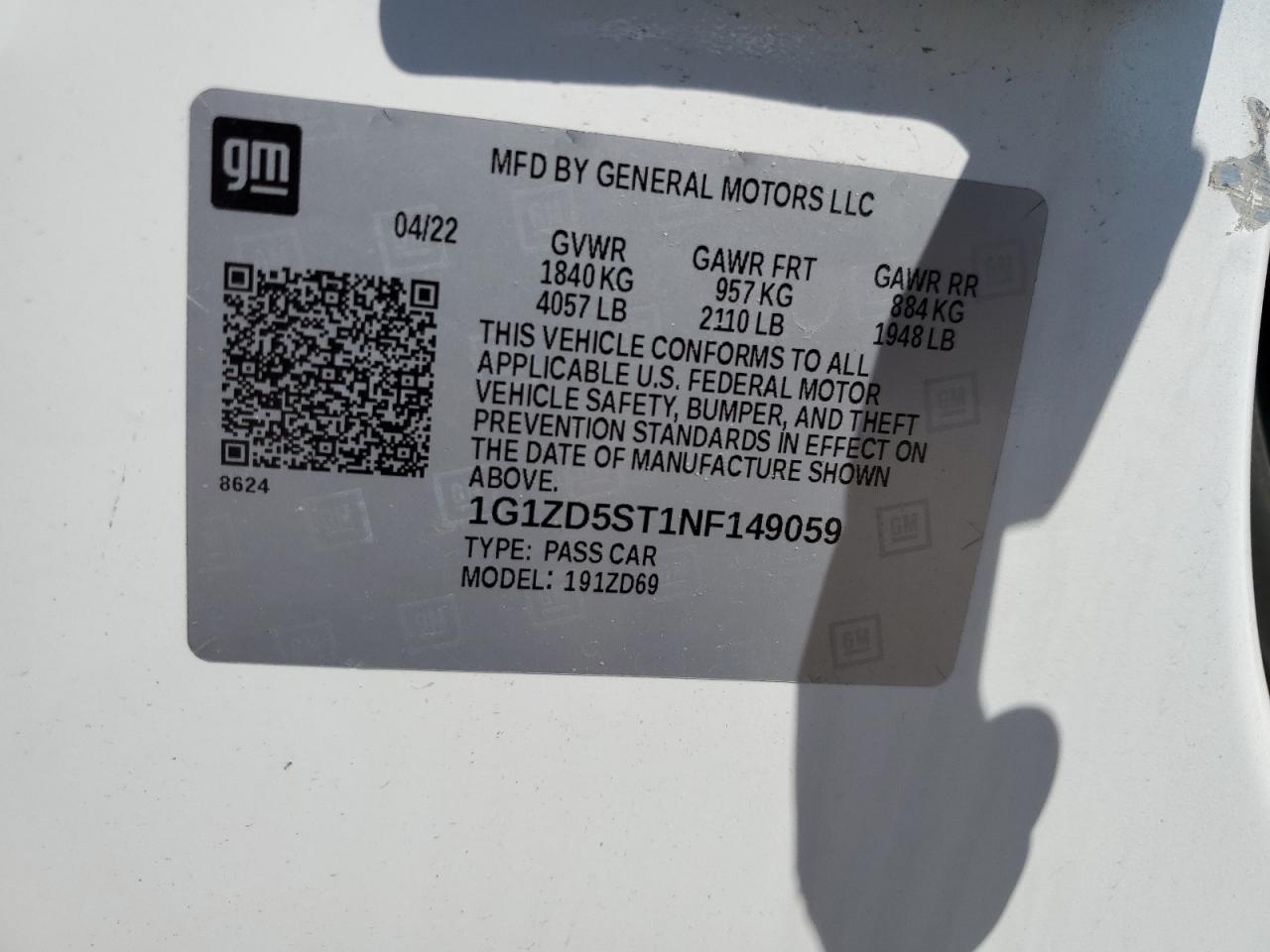 2022 CHEVROLET MALIBU LT VIN:1G1ZD5ST1NF149059