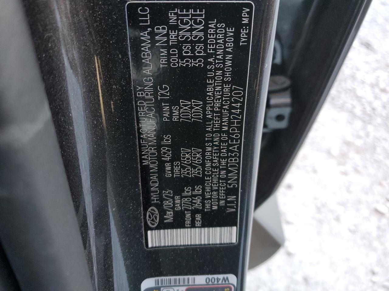 2023 HYUNDAI TUCSON SEL VIN:5NMJB3AE6PH244207