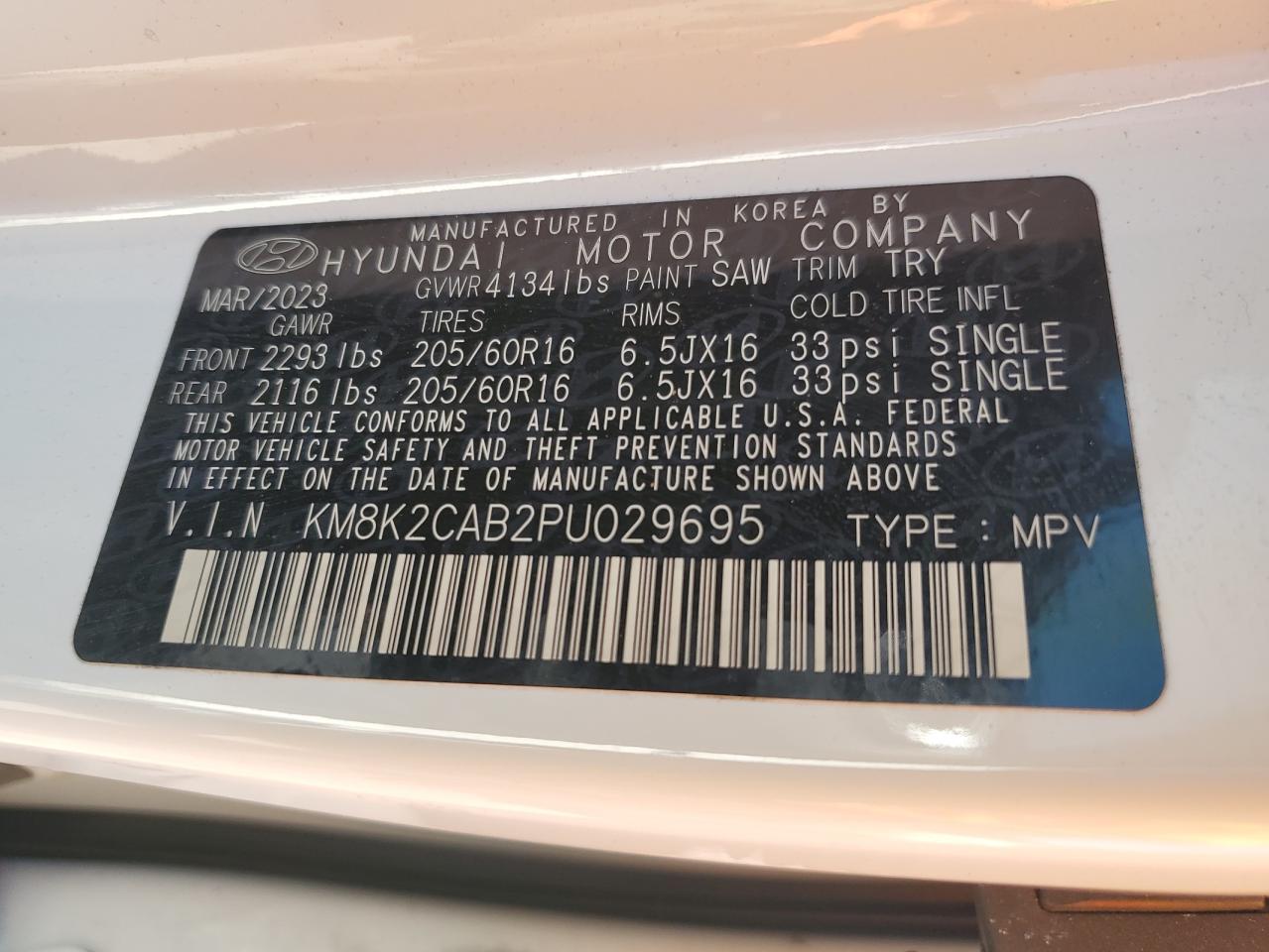 2023 HYUNDAI KONA SE VIN:KM8K2CAB2PU029695