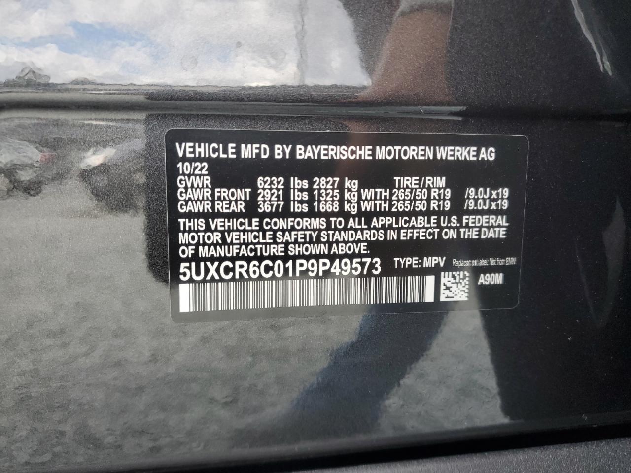 2023 BMW X5 XDRIVE40I VIN:5UXCR6C01P9P49573