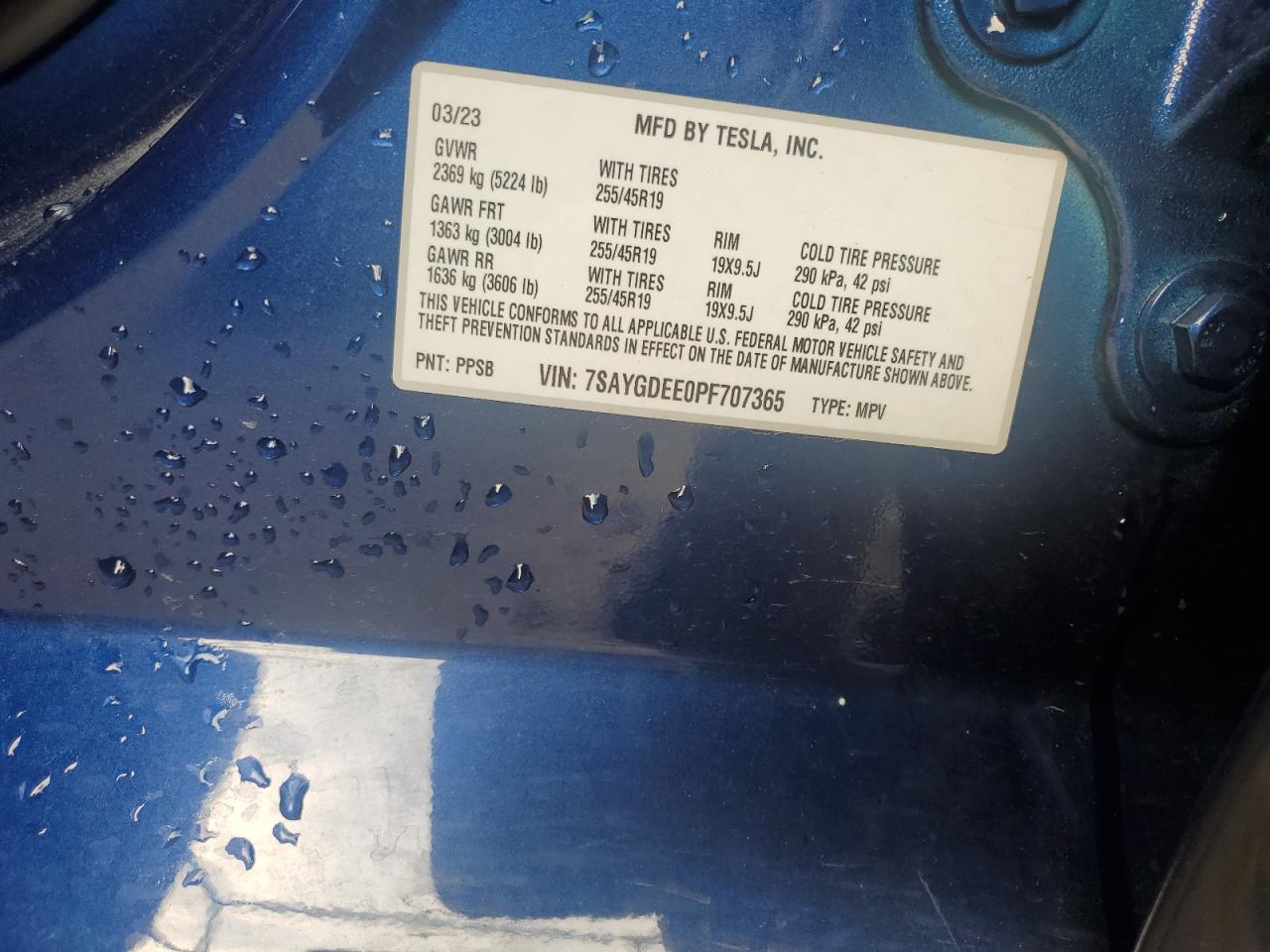 2023 TESLA MODEL Y  VIN:7SAYGDEE0PF707365
