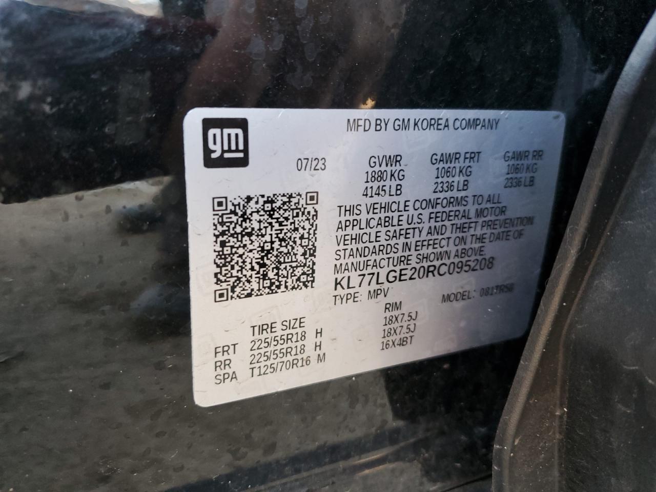 2024 CHEVROLET TRAX 1RS VIN:KL77LGE20RC095208