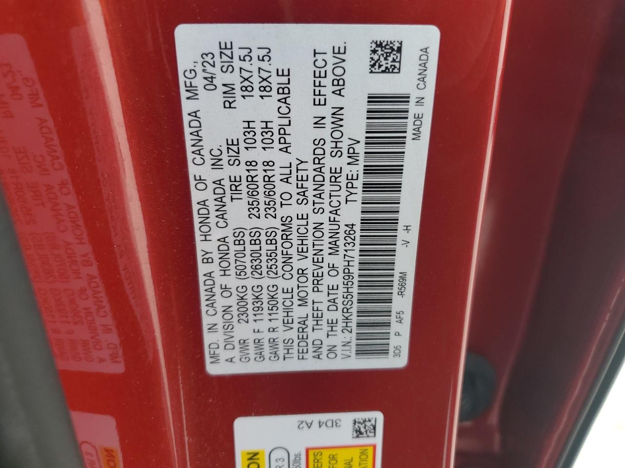 2023 HONDA CR-V SPORT VIN:2HKRS5H59PH713264