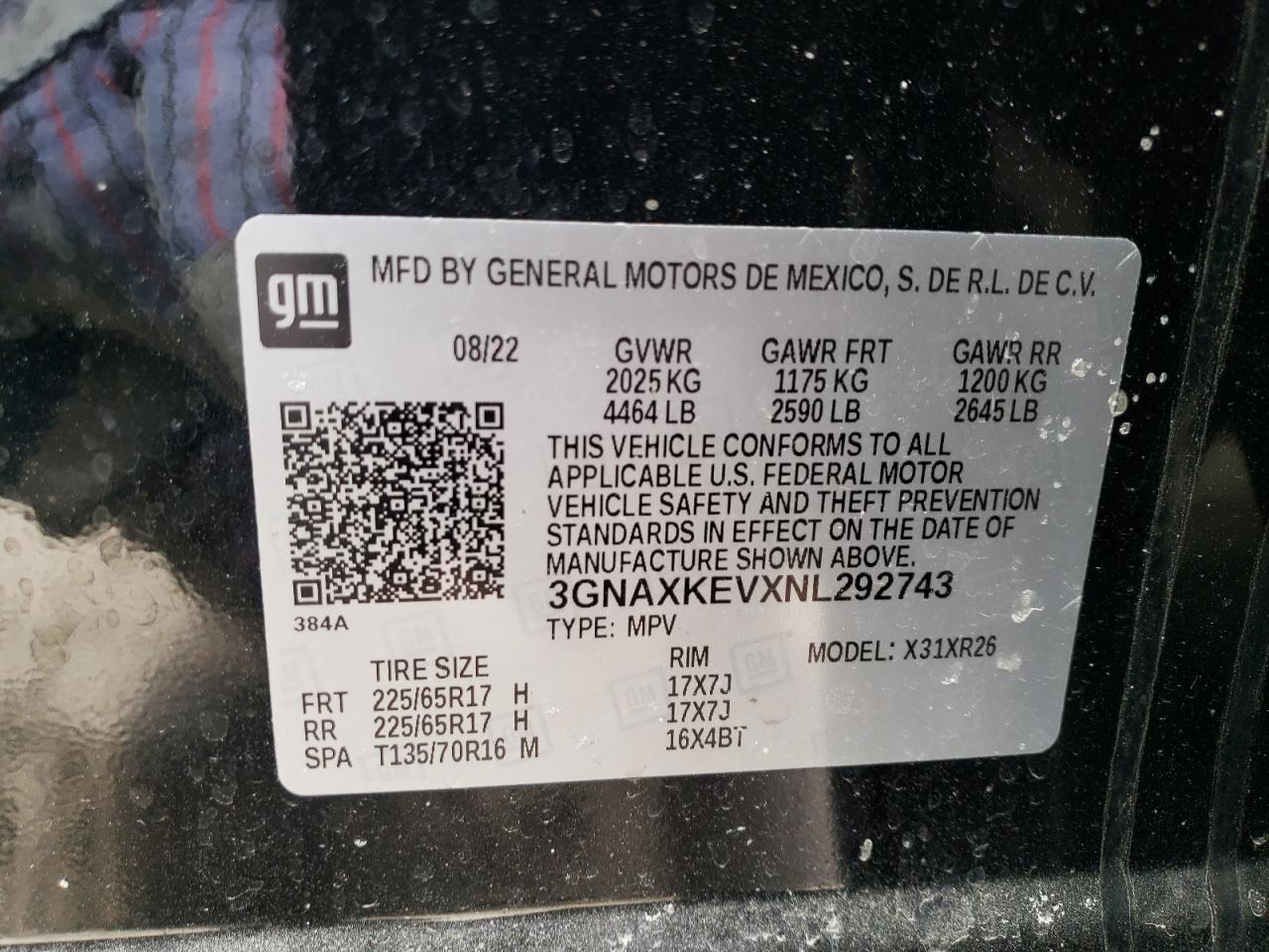 2022 CHEVROLET EQUINOX LT VIN:3GNAXKEVXNL292743