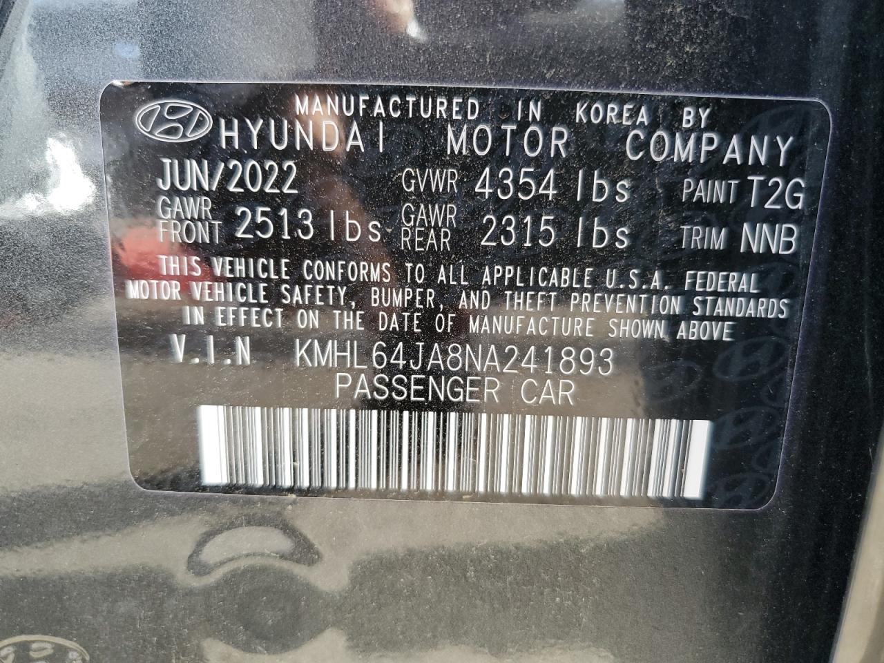 2022 HYUNDAI SONATA SEL VIN:KMHL64JA8NA241893