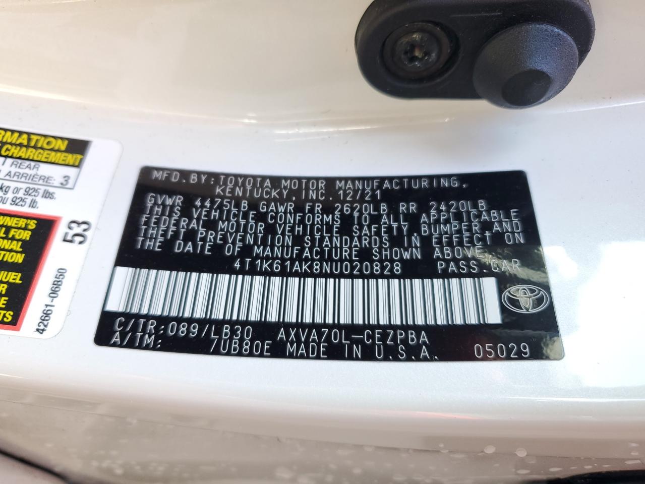 2022 TOYOTA CAMRY XSE VIN:4T1K61AK8NU020828