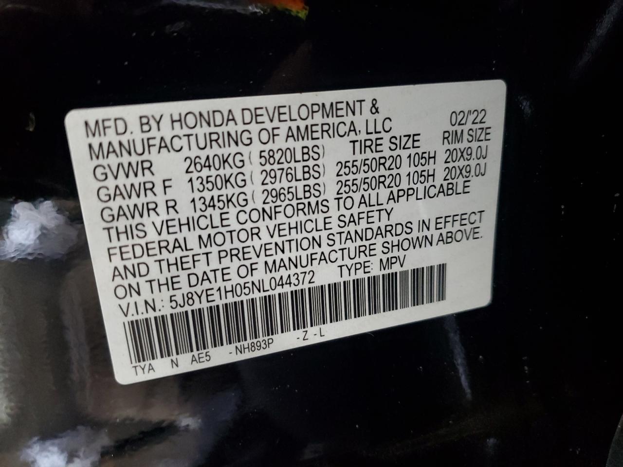 2022 ACURA MDX A-SPEC VIN:5J8YE1H05NL044372