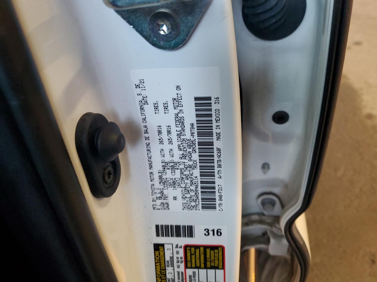 2022 TOYOTA TACOMA DOUBLE CAB VIN:3TMCZ5AN5NM465114