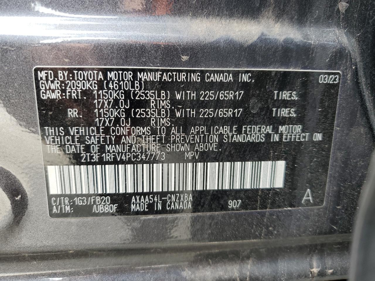 2023 TOYOTA RAV4 LE VIN:2T3F1RFV4PC347773