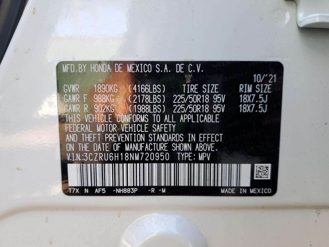 2022 HONDA HR-V SPORT VIN:3CZRU6H18NM720950