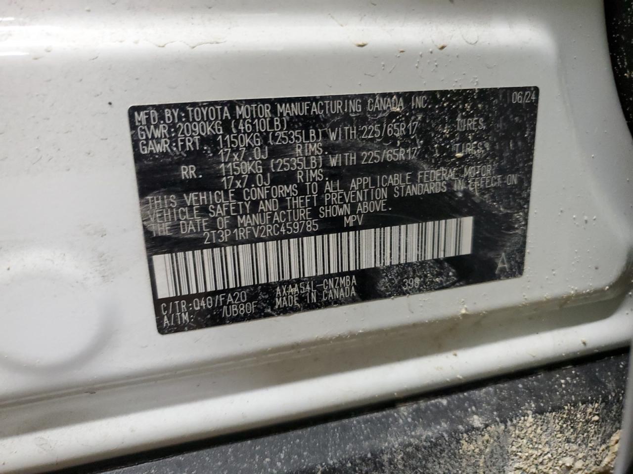 2024 TOYOTA RAV4 XLE VIN:2T3P1RFV2RC459785