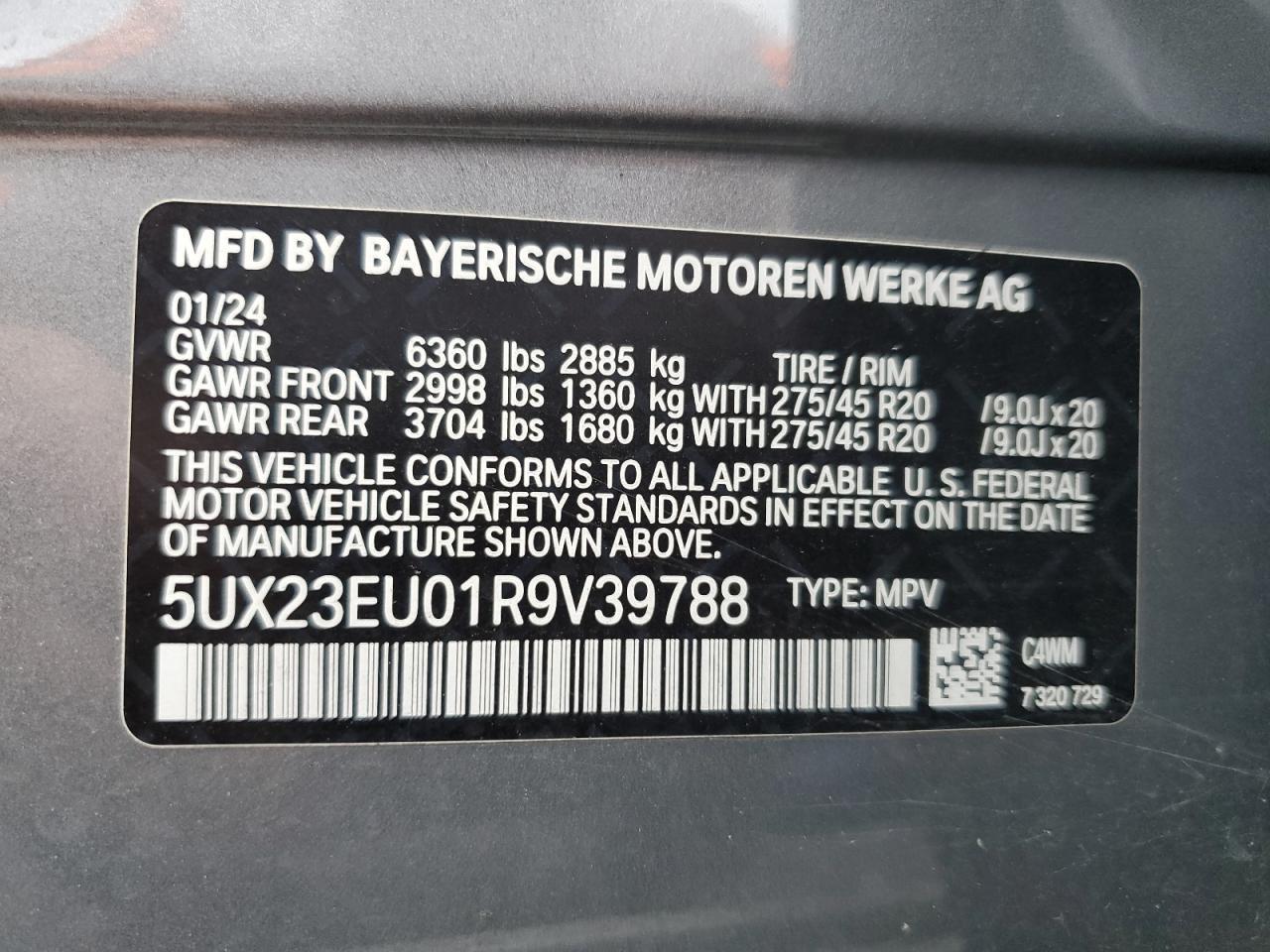 2024 BMW X5 XDRIVE40I VIN:5UX23EU01R9V39788