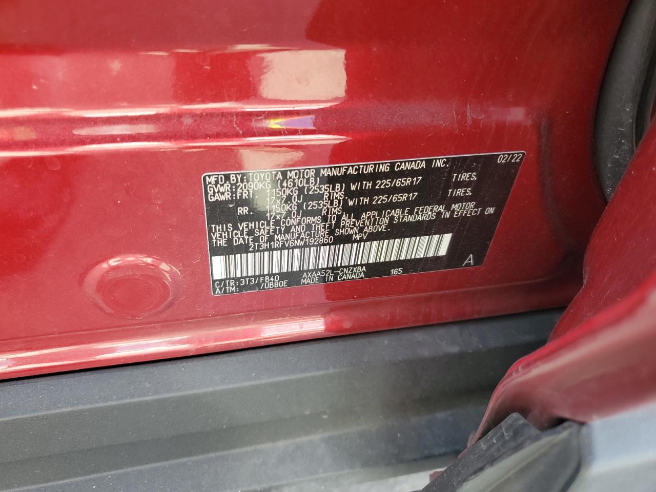 2022 TOYOTA RAV4 LE VIN:2T3H1RFV6NW192860