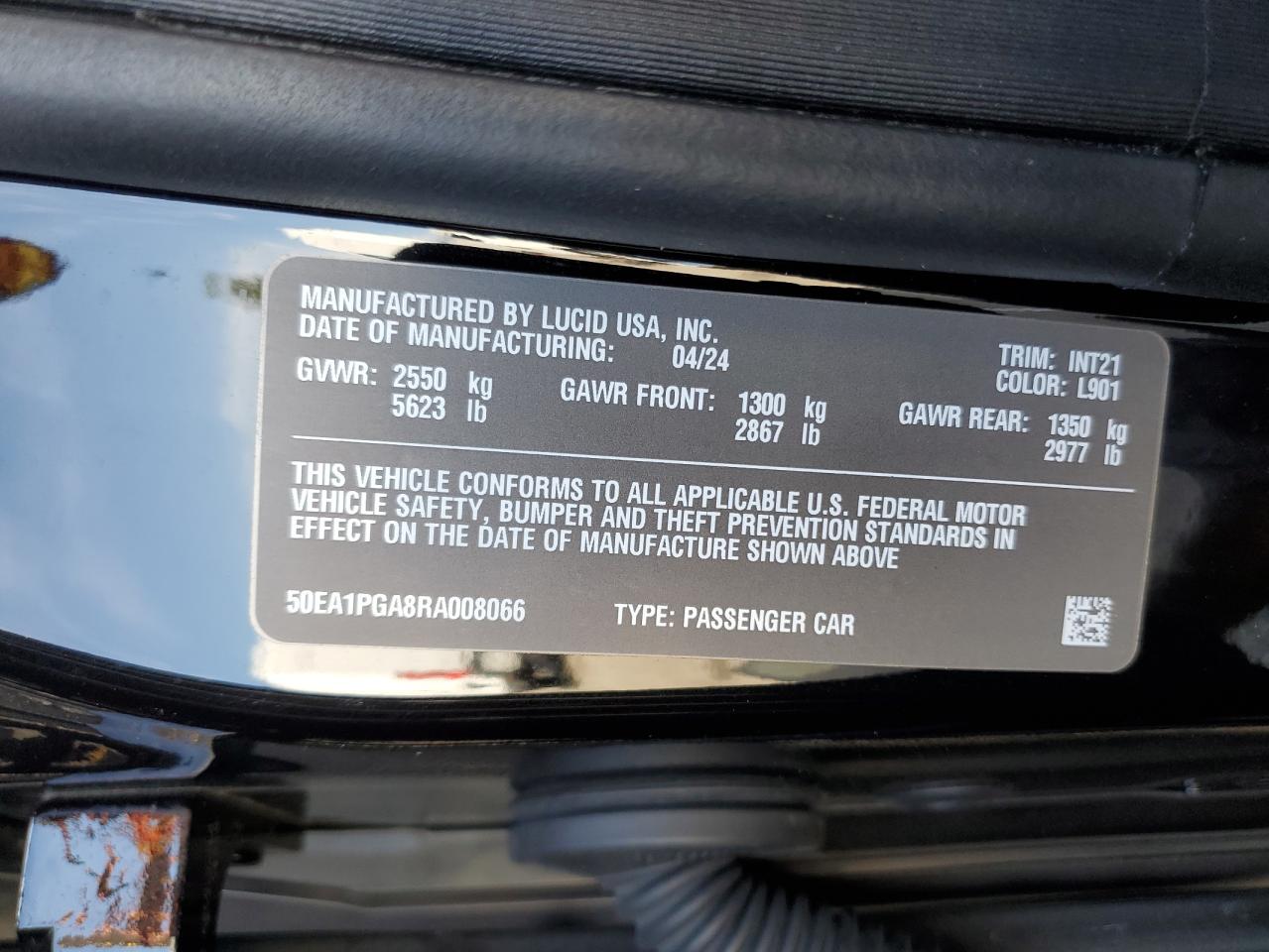 2024 LUCID MOTORS AIR PURE VIN:50EA1PGA8RA008066
