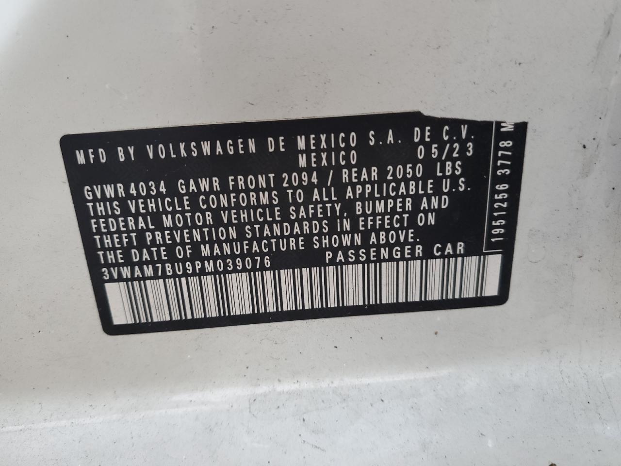 2023 VOLKSWAGEN JETTA SPORT VIN:3VWAM7BU9PM039076