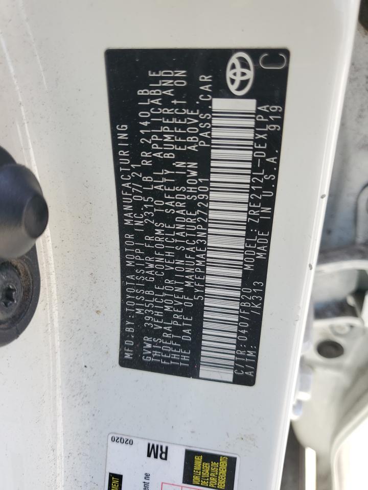 2022 TOYOTA COROLLA LE VIN:5YFEPMAE3NP272901