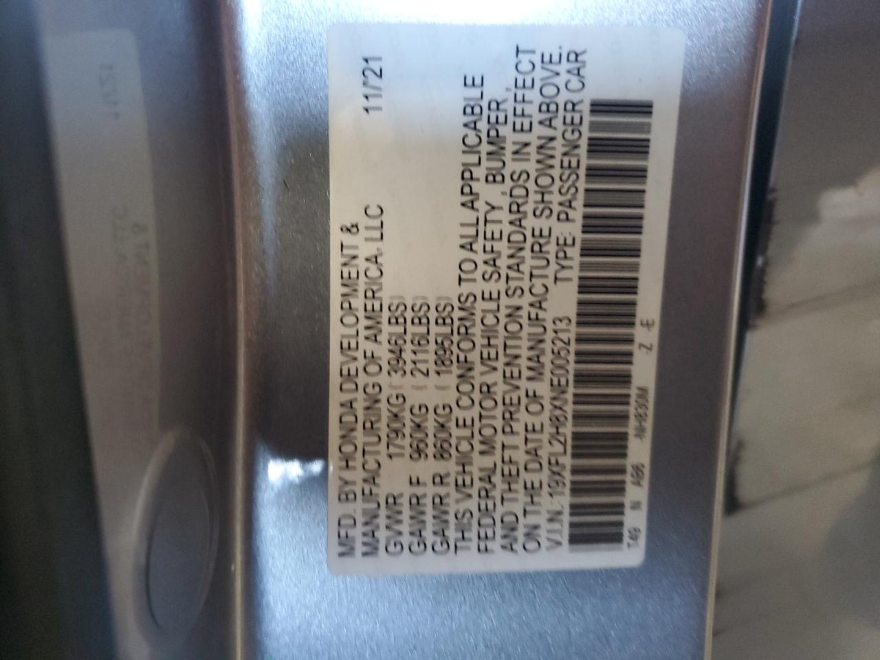 2022 HONDA CIVIC SPORT VIN:19XFL2H8XNE005213