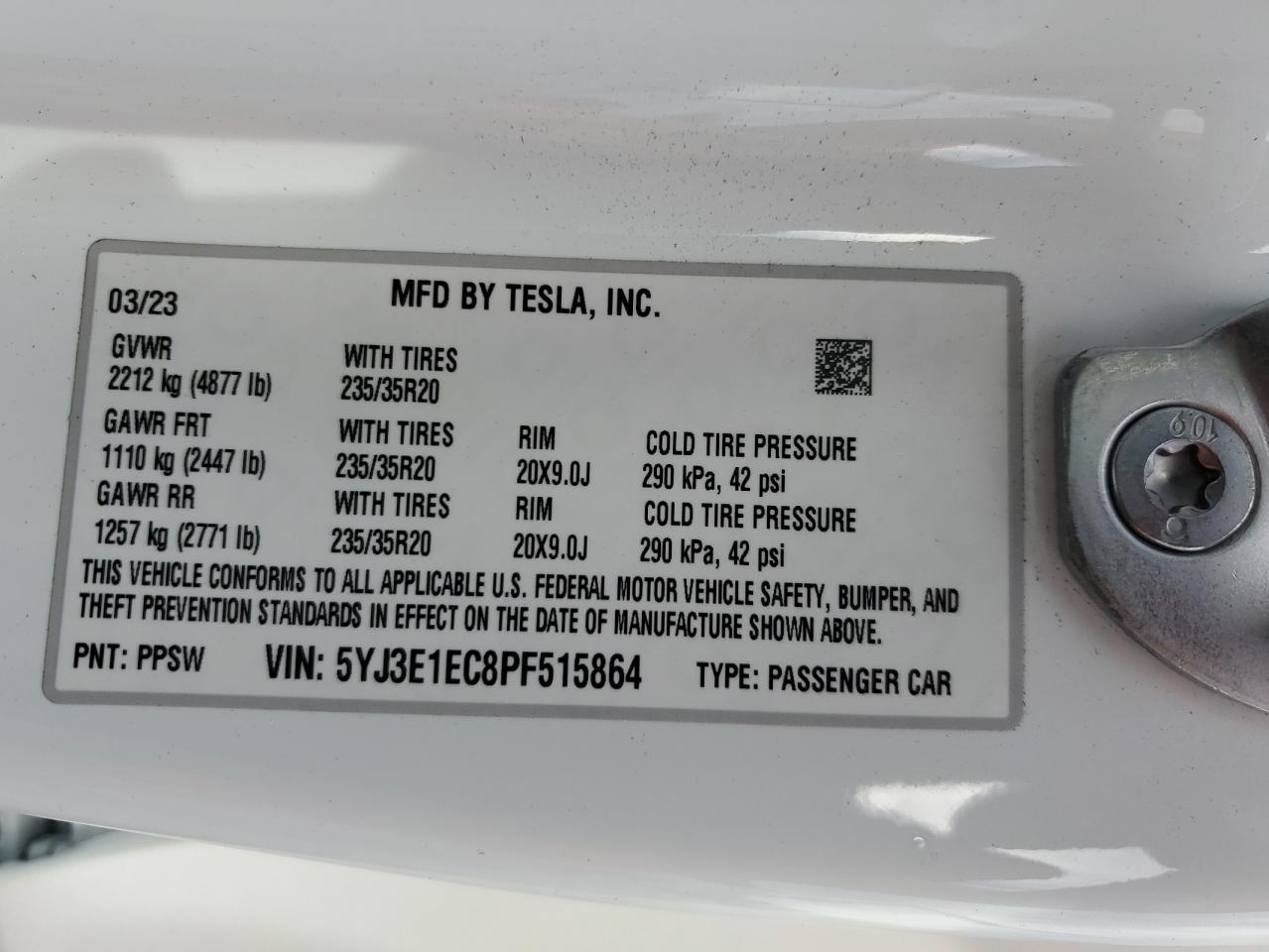 2023 TESLA MODEL 3  VIN:5YJ3E1EC8PF515864