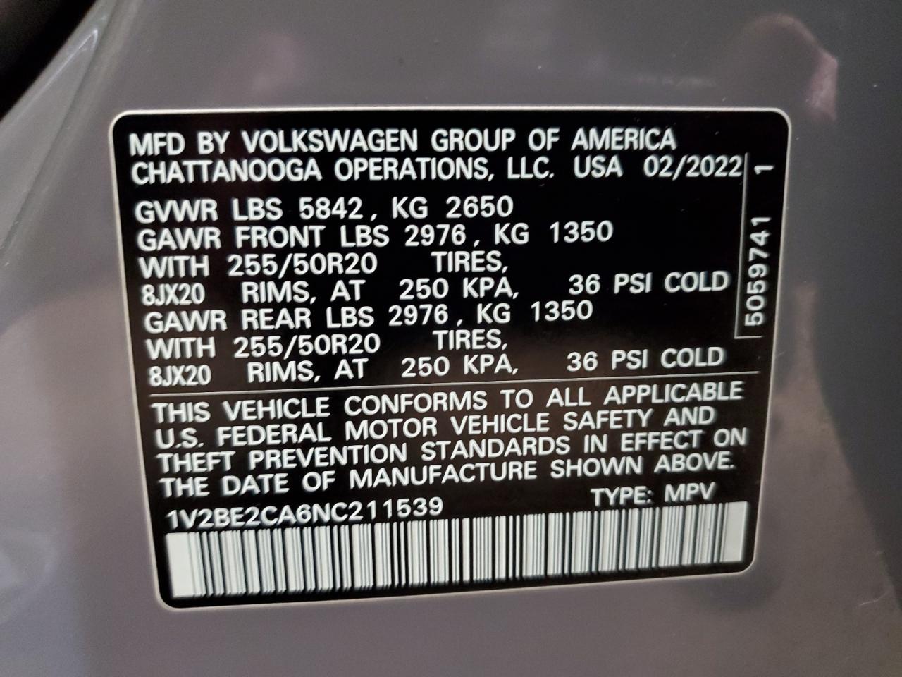 2022 VOLKSWAGEN ATLAS CROSS SPORT SEL VIN:1V2BE2CA6NC211539