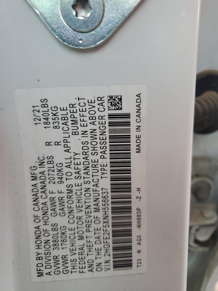 2022 HONDA CIVIC SPORT VIN:2HGFE2F5XNH556637