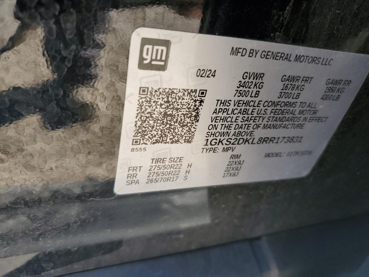 2024 GMC YUKON DENALI VIN:1GKS2DKL8RR173831