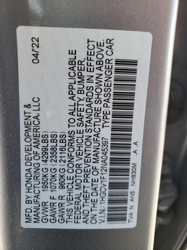 2022 HONDA ACCORD LX VIN:1HGCV1F12NA045397