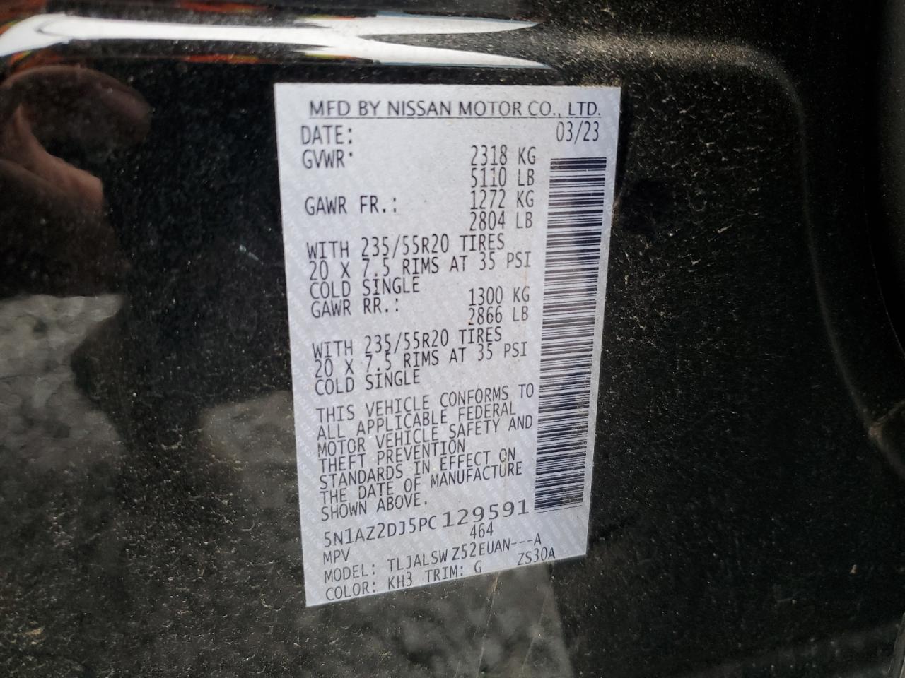 2023 NISSAN MURANO PLATINUM VIN:5N1AZ2DJ5PC129591