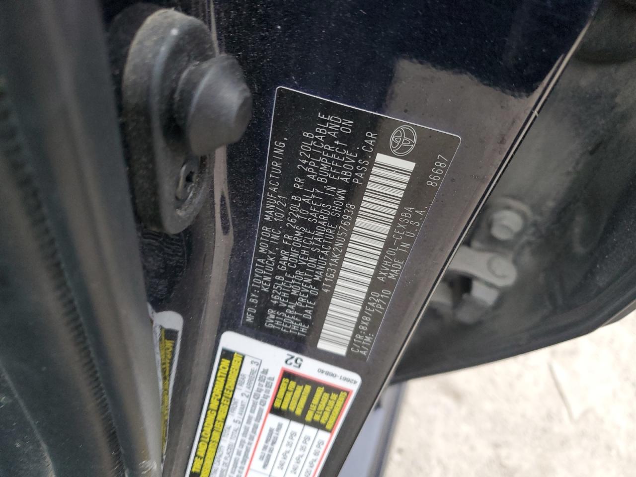 2022 TOYOTA CAMRY NIGHT SHADE VIN:4T1G31AK2NU576938