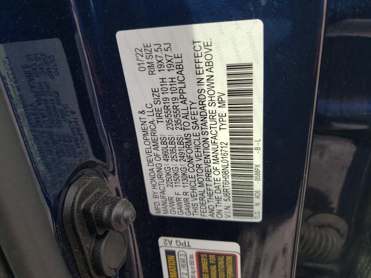 2022 HONDA CR-V TOURING VIN:5J6RT6H98NL016712