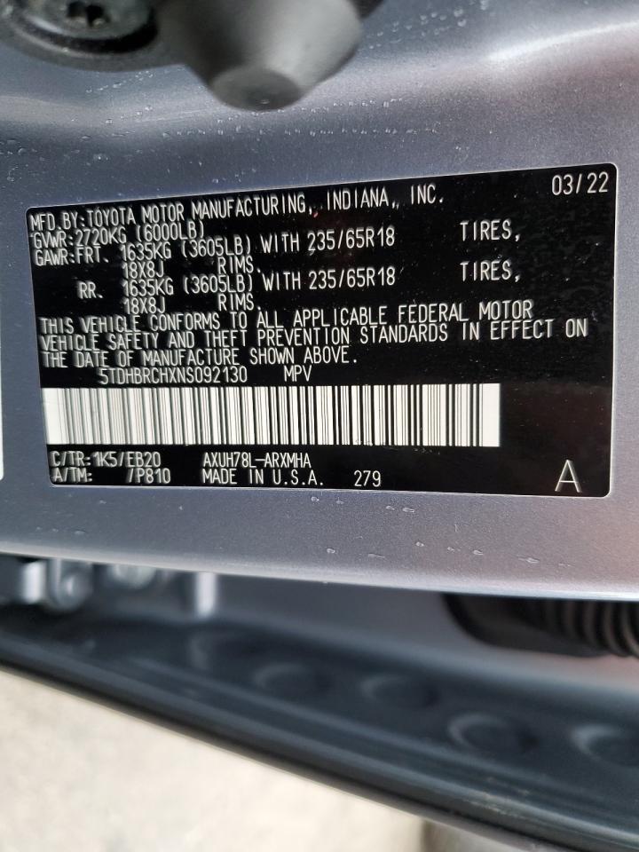 2022 TOYOTA HIGHLANDER HYBRID XLE VIN:5TDHBRCHXNS092130