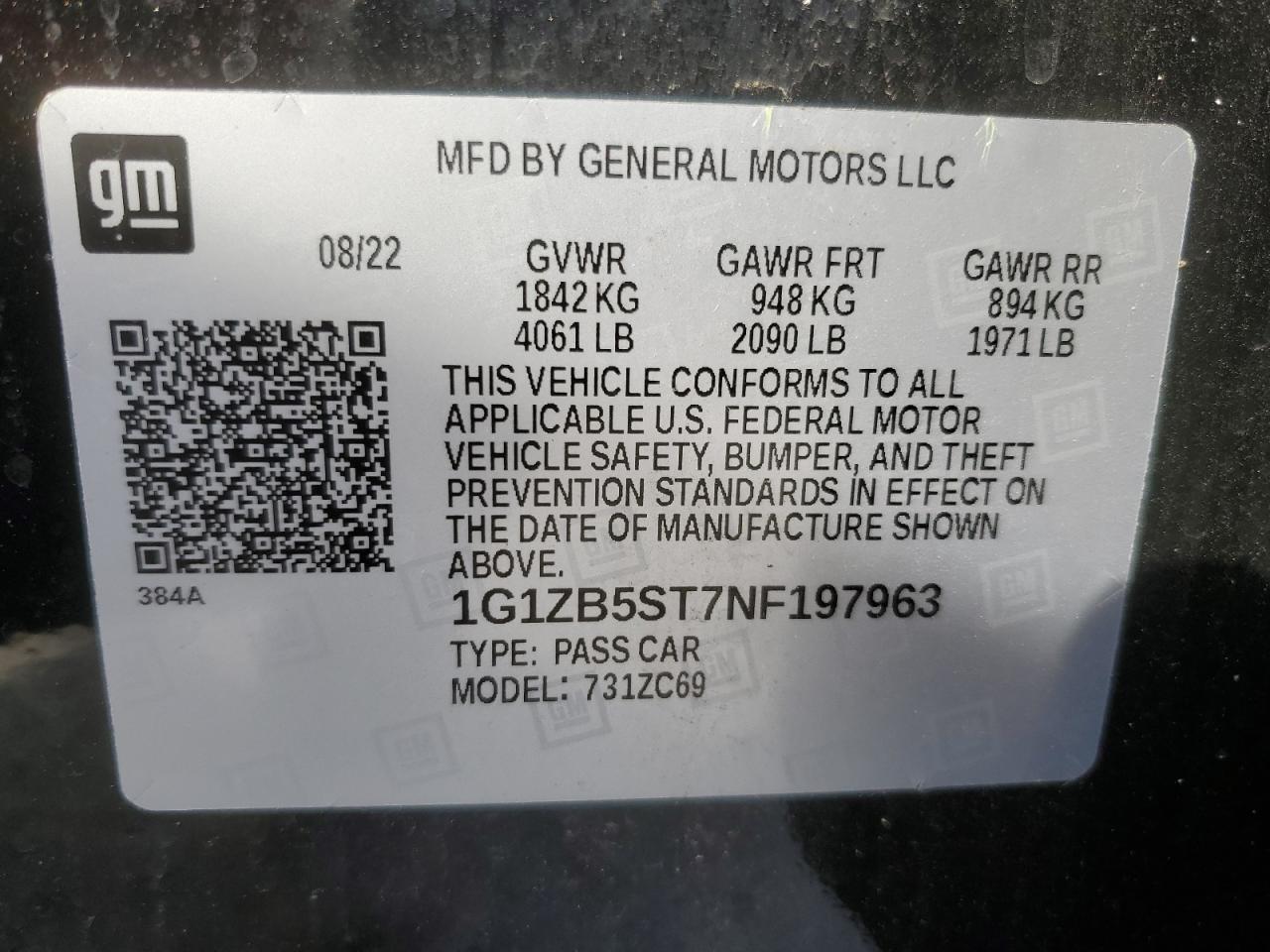 2022 CHEVROLET MALIBU LS VIN:1G1ZB5ST7NF197963