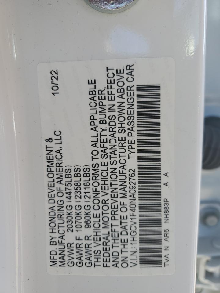 2022 HONDA ACCORD SPORT SE VIN:1HGCV1F40NA092762