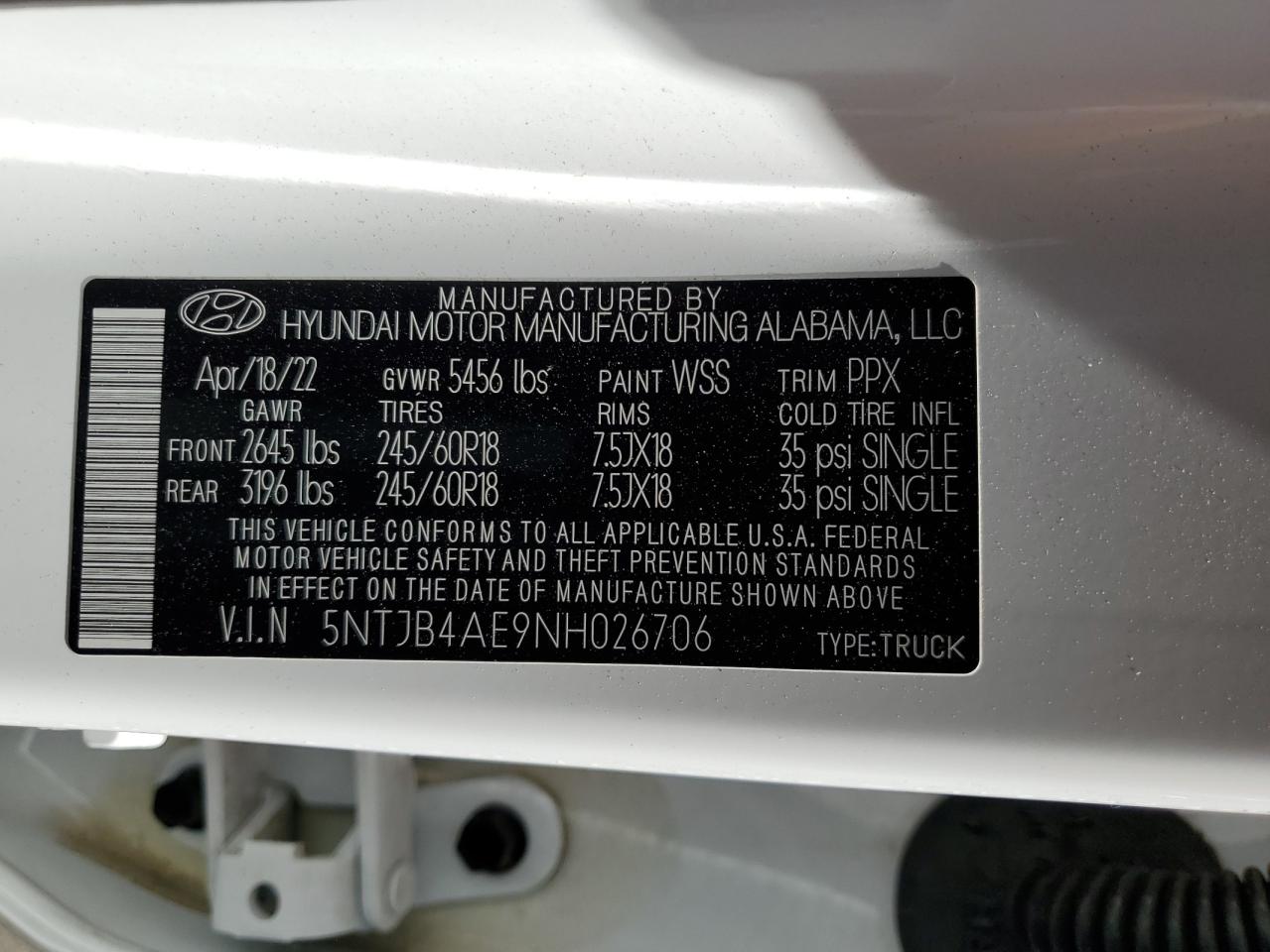 2022 HYUNDAI SANTA CRUZ SEL VIN:5NTJB4AE9NH026706