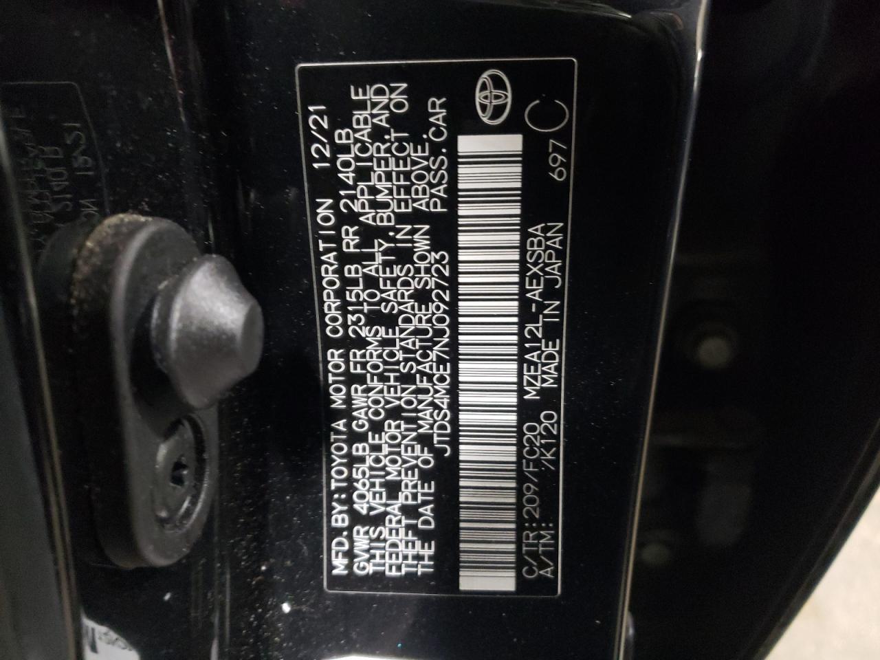 2022 TOYOTA COROLLA SE VIN:JTDS4MCE7NJ092723