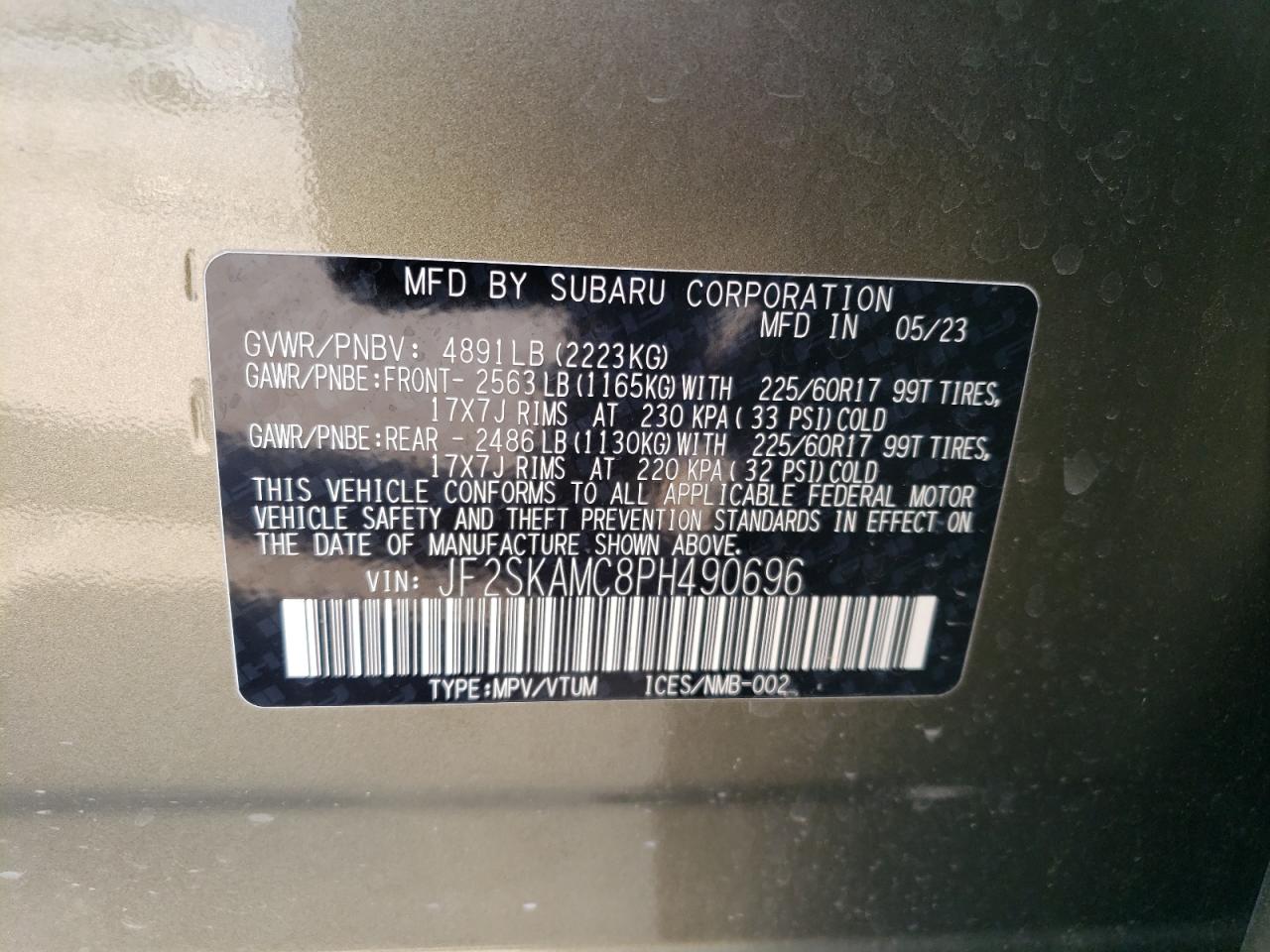 2023 SUBARU FORESTER WILDERNESS VIN:JF2SKAMC8PH490696