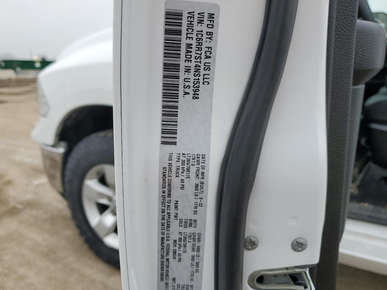 2022 RAM 1500 CLASSIC TRADESMAN VIN:1C6RR7ST4NS153948