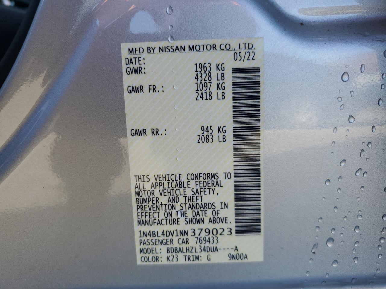 2022 NISSAN ALTIMA SV VIN:1N4BL4DV1NN379023