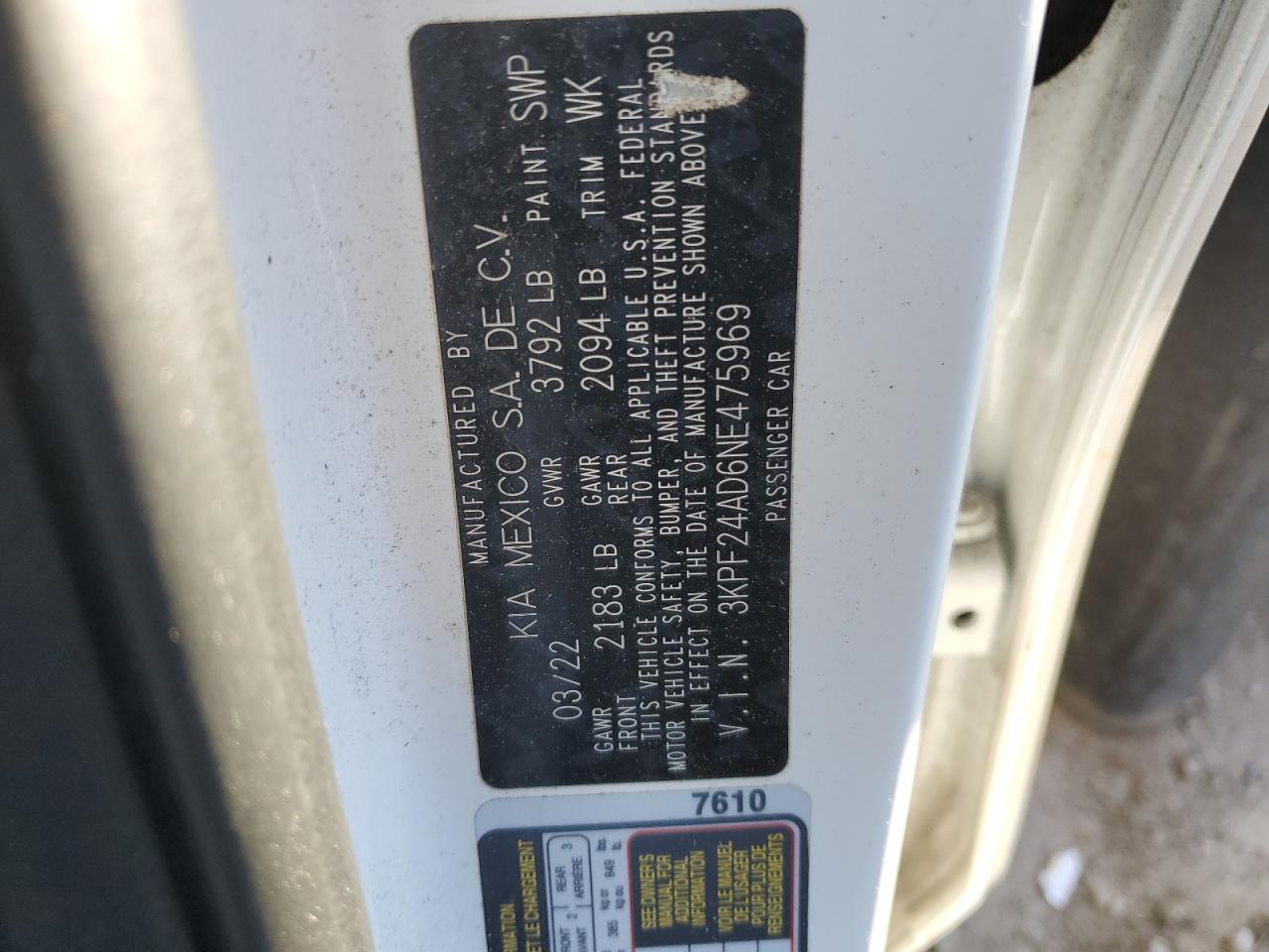 2022 KIA FORTE FE VIN:3KPF24AD6NE475969